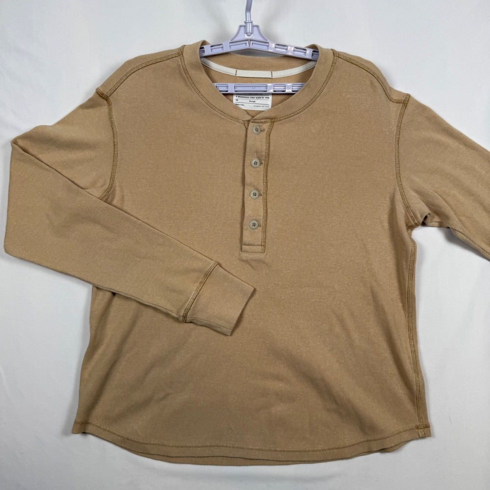 REI Co-op Mens XL Tan Organic Cotton Hemp Long Sleeve Henley Shirt Ribbed Knit